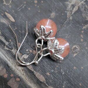 Artsy Leaf Capped Cherry Quartz Gemstone Dangle Silver Platinum Plated Earrings